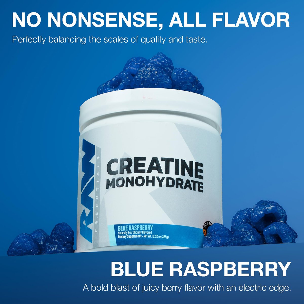 RAW Nutrition Creatin-Monohydrat-Pulver, Blaue Himbeere (30 Portionen) - Mikronisiertes Creatin-Monohydrat für Trainingsleistung, Muskelaufbau & Kraft - Creatin-Pulver für Männer & Frauen