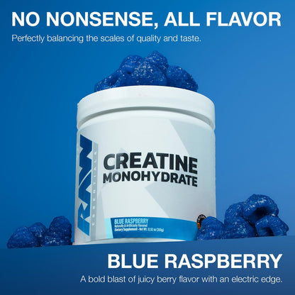 RAW Nutrition Creatin-Monohydrat-Pulver, Blaue Himbeere (30 Portionen) - Mikronisiertes Creatin-Monohydrat für Trainingsleistung, Muskelaufbau & Kraft - Creatin-Pulver für Männer & Frauen