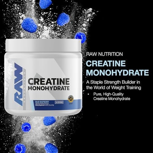 RAW Nutrition Creatin-Monohydrat-Pulver, Blaue Himbeere (30 Portionen) - Mikronisiertes Creatin-Monohydrat für Trainingsleistung, Muskelaufbau & Kraft - Creatin-Pulver für Männer & Frauen