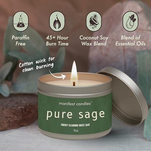 Manifest Candles Weißer Salbei Kerze zur Reinigung von Hausnegativenergie, 45 Stunden Brenndauer, Reine Salbei Räucherkerze, Positive Energie Meditationskerze, Aromatherapie Kerze, Spirituelle Geschenke, Heilsalbei
