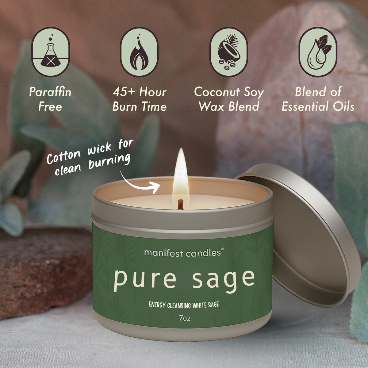 Manifest Candles Weißer Salbei Kerze zur Reinigung von Hausnegativenergie, 45 Stunden Brenndauer, Reine Salbei Räucherkerze, Positive Energie Meditationskerze, Aromatherapie Kerze, Spirituelle Geschenke, Heilsalbei