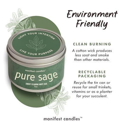 Manifest Candles Weißer Salbei Kerze zur Reinigung von Hausnegativenergie, 45 Stunden Brenndauer, Reine Salbei Räucherkerze, Positive Energie Meditationskerze, Aromatherapie Kerze, Spirituelle Geschenke, Heilsalbei