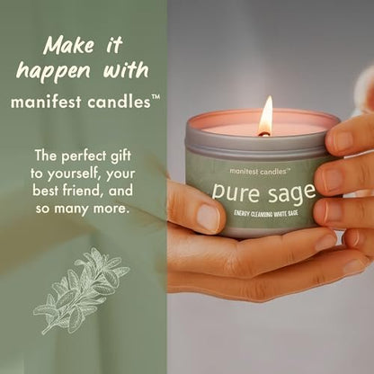 Manifest Candles Weißer Salbei Kerze zur Reinigung von Hausnegativenergie, 45 Stunden Brenndauer, Reine Salbei Räucherkerze, Positive Energie Meditationskerze, Aromatherapie Kerze, Spirituelle Geschenke, Heilsalbei