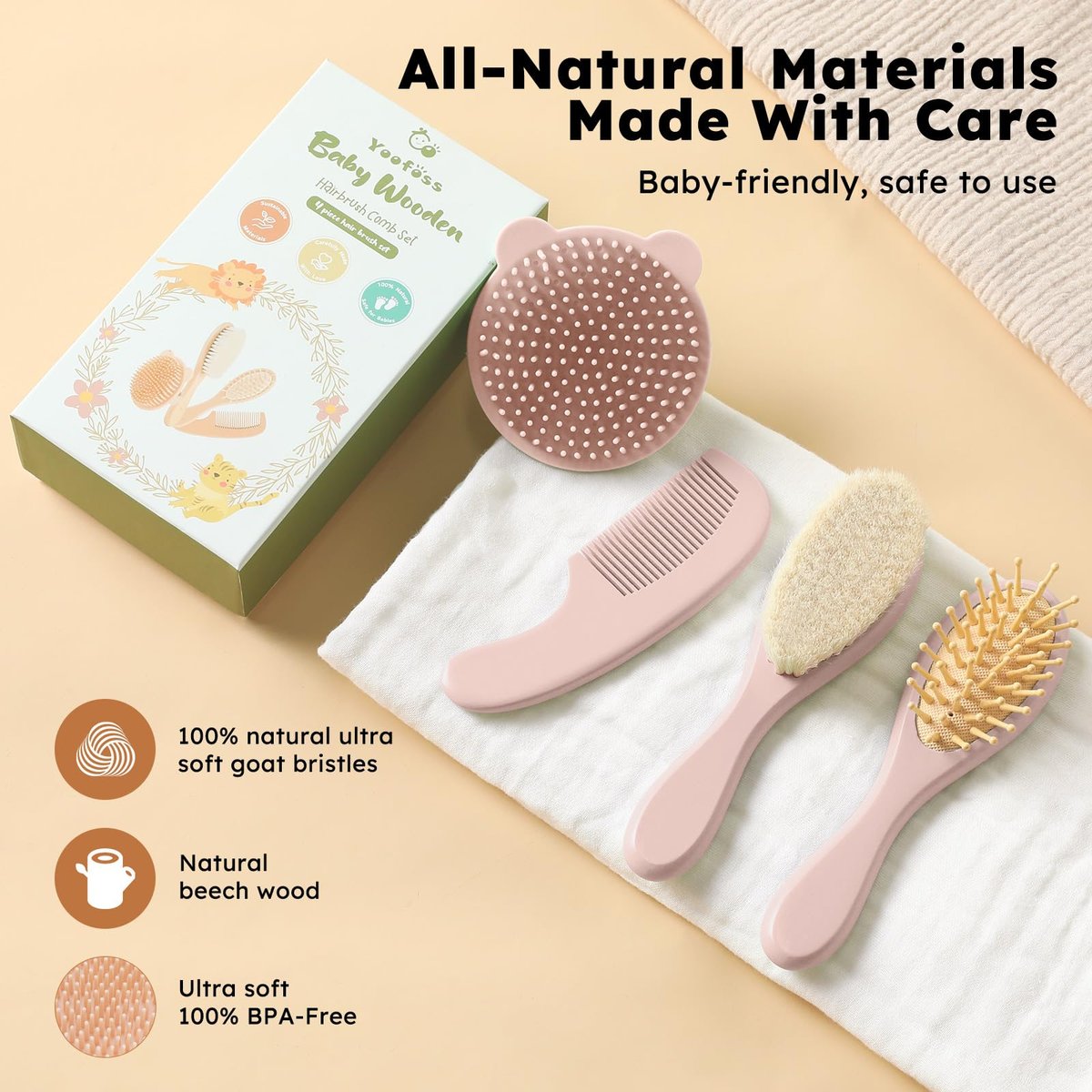 Yoofoss 4-teiliges Babyhaarbürsten- und Kamm-Set – Holzhaarbürste mit natürlicher, ultraweicher Ziegenhaarborste, Babykamm-Set für Jungen und Mädchen – Rosa