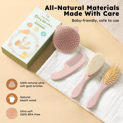 Yoofoss 4-teiliges Babyhaarbürsten- und Kamm-Set – Holzhaarbürste mit natürlicher, ultraweicher Ziegenhaarborste, Babykamm-Set für Jungen und Mädchen – Rosa