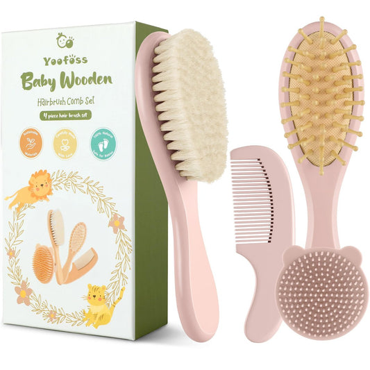 Yoofoss 4-teiliges Babyhaarbürsten- und Kamm-Set – Holzhaarbürste mit natürlicher, ultraweicher Ziegenhaarborste, Babykamm-Set für Jungen und Mädchen – Rosa