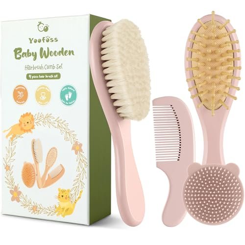 Yoofoss 4-teiliges Babyhaarbürsten- und Kamm-Set – Holzhaarbürste mit natürlicher, ultraweicher Ziegenhaarborste, Babykamm-Set für Jungen und Mädchen – Rosa