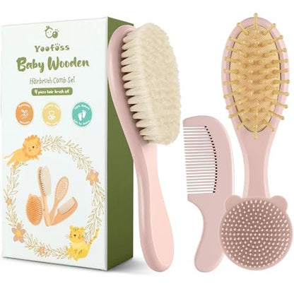 Yoofoss 4-teiliges Babyhaarbürsten- und Kamm-Set – Holzhaarbürste mit natürlicher, ultraweicher Ziegenhaarborste, Babykamm-Set für Jungen und Mädchen – Rosa