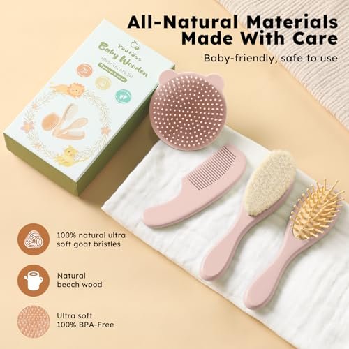 Yoofoss 4-teiliges Babyhaarbürsten- und Kamm-Set – Holzhaarbürste mit natürlicher, ultraweicher Ziegenhaarborste, Babykamm-Set für Jungen und Mädchen – Rosa