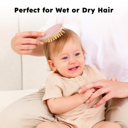 Yoofoss 4-teiliges Babyhaarbürsten- und Kamm-Set – Holzhaarbürste mit natürlicher, ultraweicher Ziegenhaarborste, Babykamm-Set für Jungen und Mädchen – Rosa