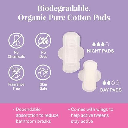 Pixie Erstes Perioden-Set für Mädchen 9-12 – Beste Bio-Baumwoll-Teen Binden mit Flügeln – Perioden-Tracking-Armband & diskrete Umhängetasche – Tween-Starterkit & Hygiene-Essentials für unterwegs