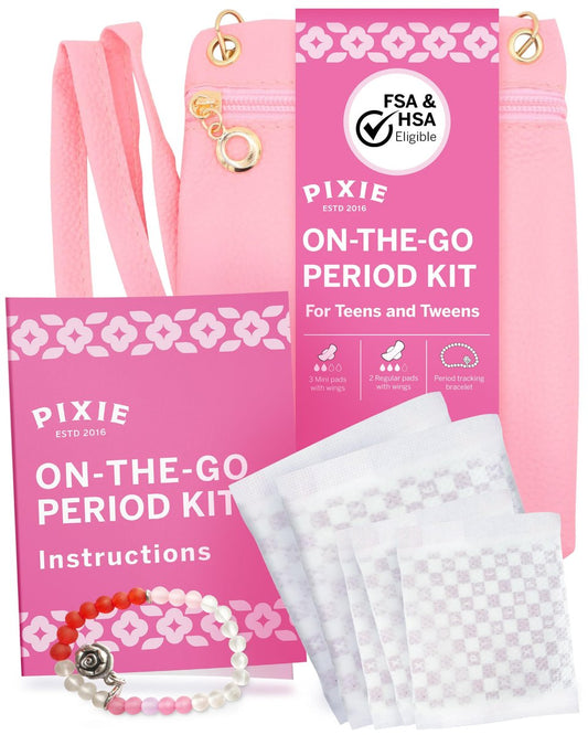 Pixie Erstes Perioden-Set für Mädchen 9-12 – Beste Bio-Baumwoll-Teen Binden mit Flügeln – Perioden-Tracking-Armband & diskrete Umhängetasche – Tween-Starterkit & Hygiene-Essentials für unterwegs