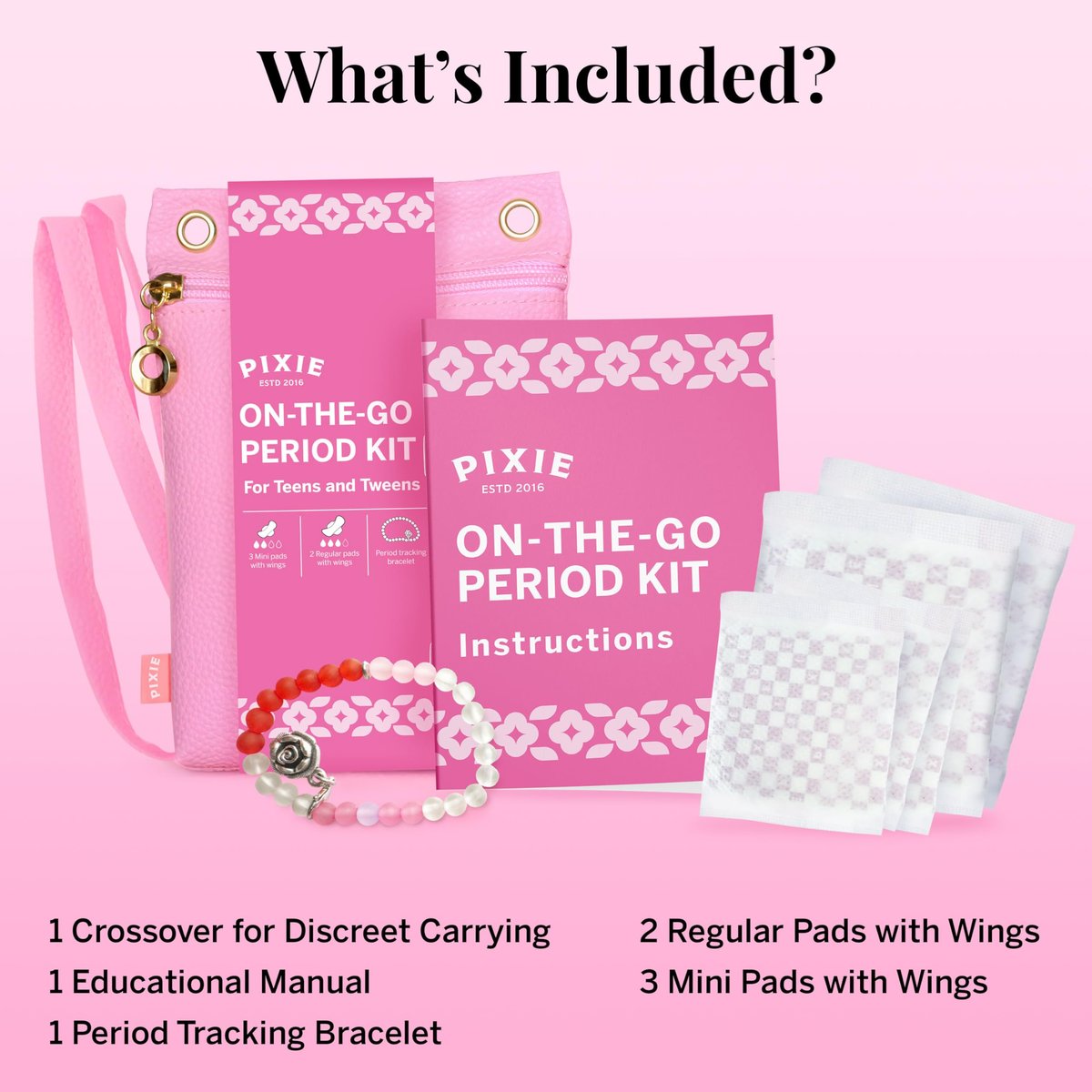 Pixie Erstes Perioden-Set für Mädchen 9-12 – Beste Bio-Baumwoll-Teen Binden mit Flügeln – Perioden-Tracking-Armband & diskrete Umhängetasche – Tween-Starterkit & Hygiene-Essentials für unterwegs