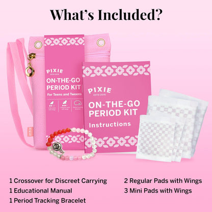 Pixie Erstes Perioden-Set für Mädchen 9-12 – Beste Bio-Baumwoll-Teen Binden mit Flügeln – Perioden-Tracking-Armband & diskrete Umhängetasche – Tween-Starterkit & Hygiene-Essentials für unterwegs