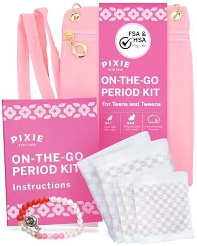 Pixie Erstes Perioden-Set für Mädchen 9-12 – Beste Bio-Baumwoll-Teen Binden mit Flügeln – Perioden-Tracking-Armband & diskrete Umhängetasche – Tween-Starterkit & Hygiene-Essentials für unterwegs