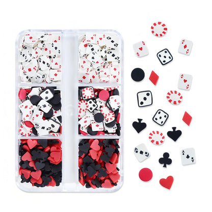 Tyuimhx 6 Grids Poker Nail Charms – 3D Resin Fimo Slices mit Spades, Clubs, Hearts & Block für Nagelkunst, DIY Maniküre, Lip Gloss & Handy-Deko (Multicolor)