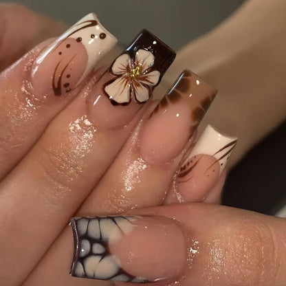 ROFIBUT French Tip Press on Nägel Mittlere Quadratische Falschnägel Glänzend Herbst Braun Leopardenmuster Sargnägel Süße Weiße Blumen mit Goldperlen Design Wiederverwendbare Klebenägel für Frauen 24 Stück