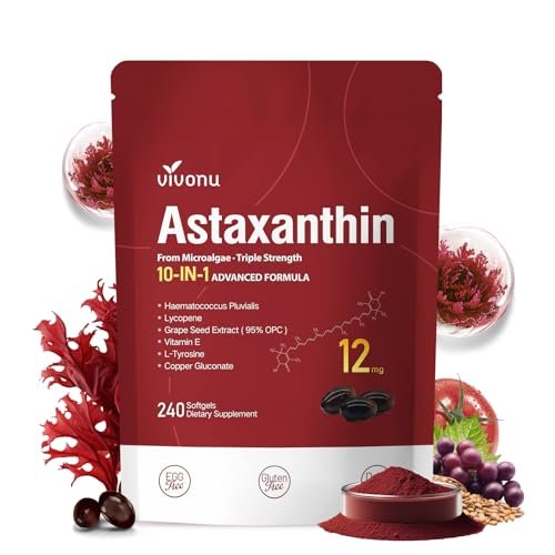 10-in-1 Astaxanthin 12 mg Kapseln – 4 Monate Vorrat, Antioxidans aus Haematococcus Pluvialis, mit Lycopin, Traubenkernöl, Vitamin E – Unterstützt Augen-, Gelenk- und Hautgesundheit