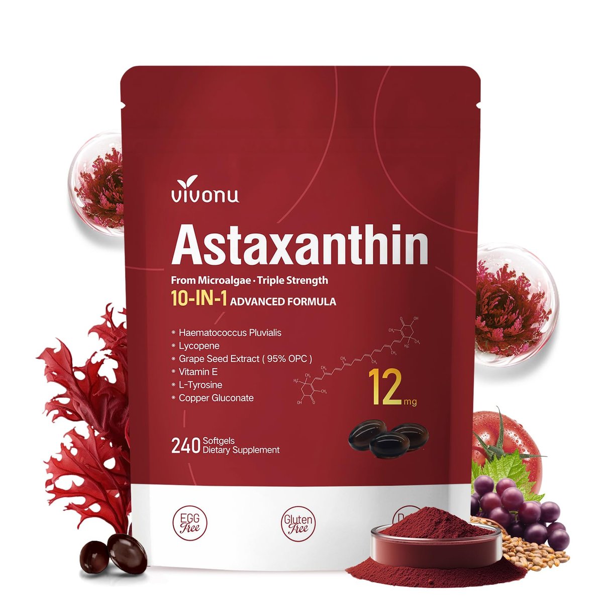 10-in-1 Astaxanthin 12 mg Kapseln – 4 Monate Vorrat, Antioxidans aus Haematococcus Pluvialis, mit Lycopin, Traubenkernöl, Vitamin E – Unterstützt Augen-, Gelenk- und Hautgesundheit