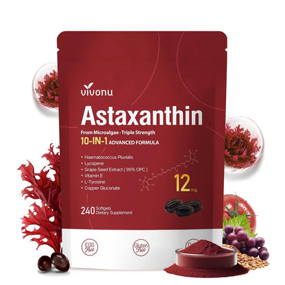 10-in-1 Astaxanthin 12 mg Kapseln – 4 Monate Vorrat, Antioxidans aus Haematococcus Pluvialis, mit Lycopin, Traubenkernöl, Vitamin E – Unterstützt Augen-, Gelenk- und Hautgesundheit