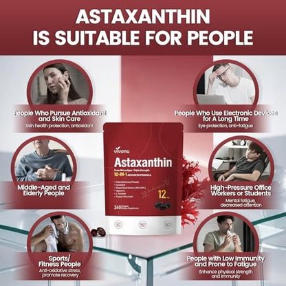 10-in-1 Astaxanthin 12 mg Kapseln – 4 Monate Vorrat, Antioxidans aus Haematococcus Pluvialis, mit Lycopin, Traubenkernöl, Vitamin E – Unterstützt Augen-, Gelenk- und Hautgesundheit