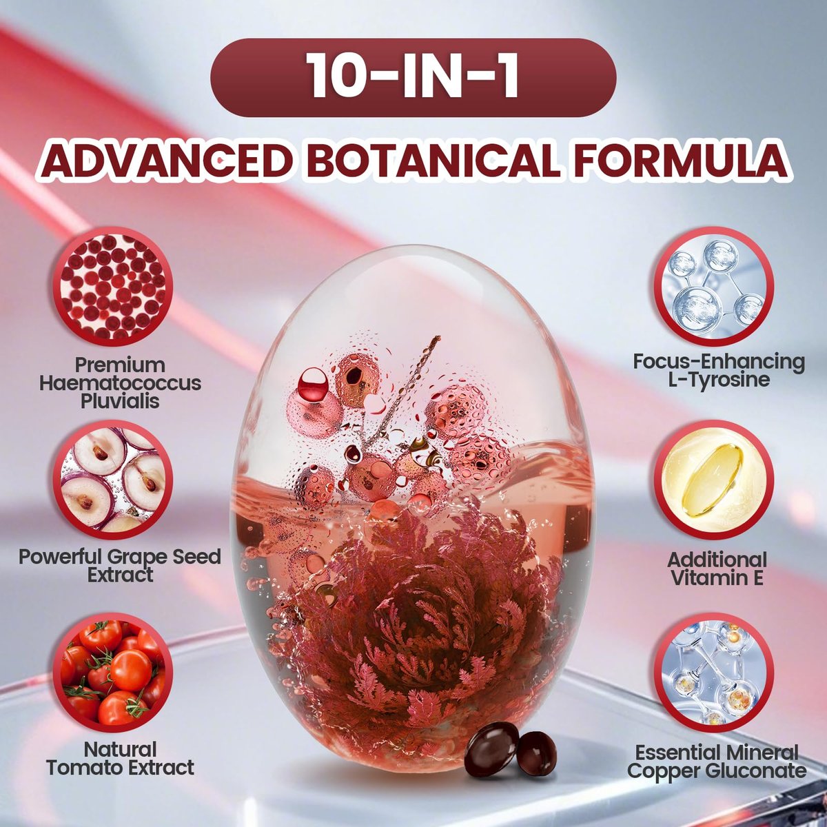 10-in-1 Astaxanthin 12 mg Kapseln – 4 Monate Vorrat, Antioxidans aus Haematococcus Pluvialis, mit Lycopin, Traubenkernöl, Vitamin E – Unterstützt Augen-, Gelenk- und Hautgesundheit