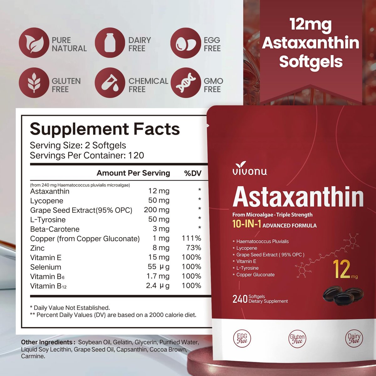 10-in-1 Astaxanthin 12 mg Kapseln – 4 Monate Vorrat, Antioxidans aus Haematococcus Pluvialis, mit Lycopin, Traubenkernöl, Vitamin E – Unterstützt Augen-, Gelenk- und Hautgesundheit