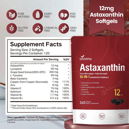 10-in-1 Astaxanthin 12 mg Kapseln – 4 Monate Vorrat, Antioxidans aus Haematococcus Pluvialis, mit Lycopin, Traubenkernöl, Vitamin E – Unterstützt Augen-, Gelenk- und Hautgesundheit