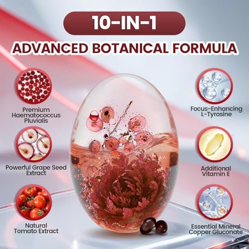 10-in-1 Astaxanthin 12 mg Kapseln – 4 Monate Vorrat, Antioxidans aus Haematococcus Pluvialis, mit Lycopin, Traubenkernöl, Vitamin E – Unterstützt Augen-, Gelenk- und Hautgesundheit