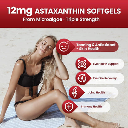 10-in-1 Astaxanthin 12 mg Kapseln – 4 Monate Vorrat, Antioxidans aus Haematococcus Pluvialis, mit Lycopin, Traubenkernöl, Vitamin E – Unterstützt Augen-, Gelenk- und Hautgesundheit