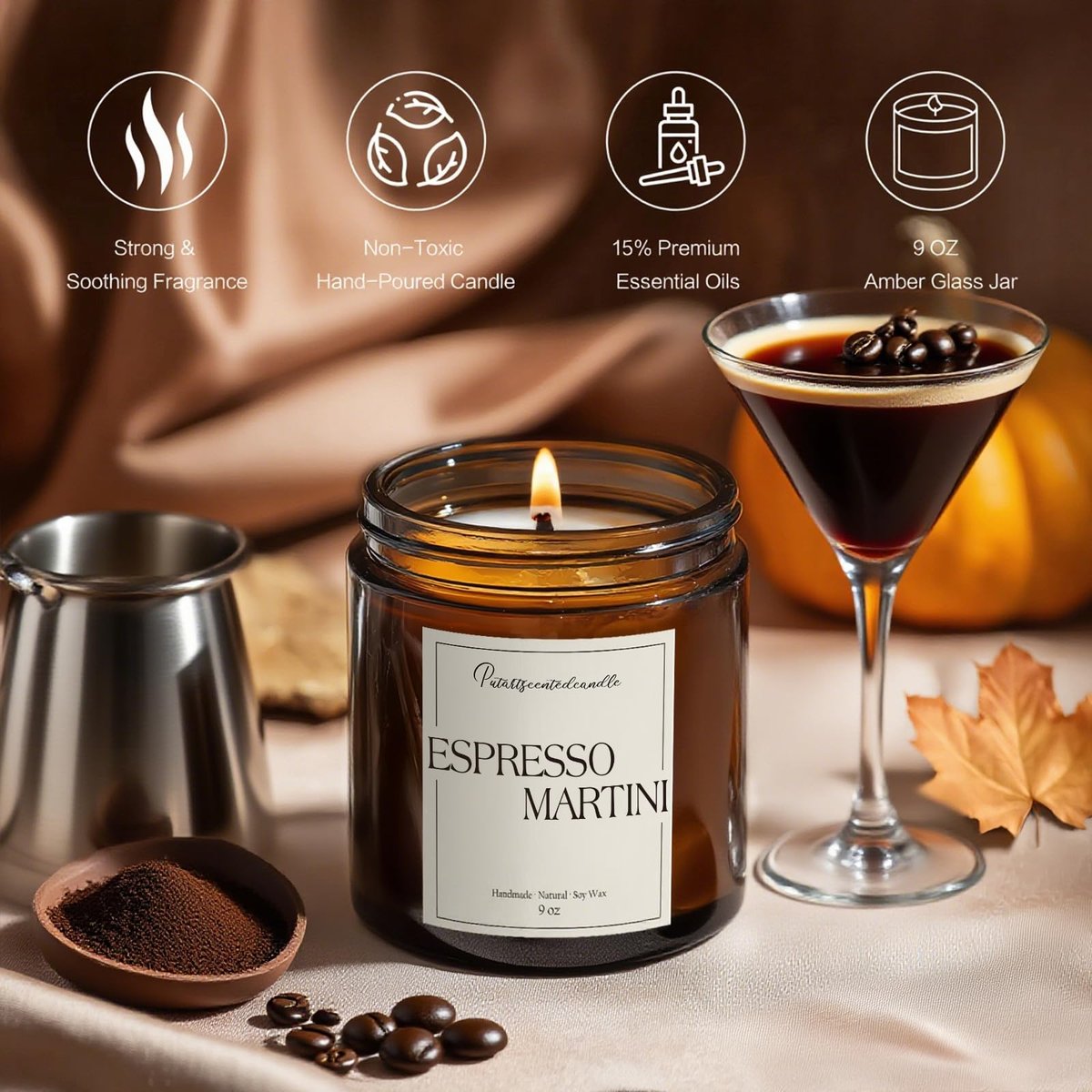 Putart Espresso Martini Duftkerze – 9oz Sojawachs-Kaffeekerze mit ätherischen Ölen für Aromatherapie, Stressabbau & Meditation – Geschenkidee für Männer & Frauen