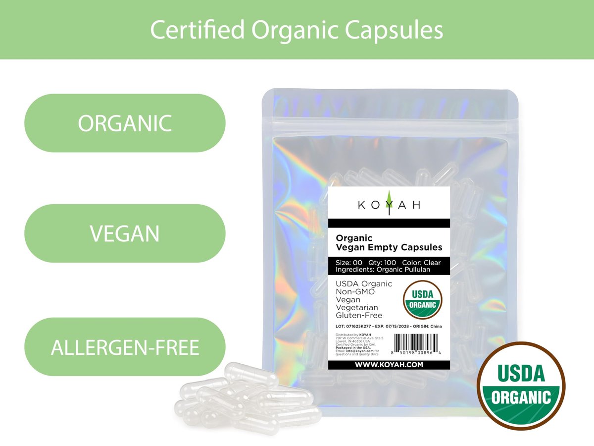 KOYAH - Zertifizierte Bio-Leere Pullulan-Kapseln: Größe 00, Vegan, Glutenfrei, Nicht-GVO, Allergenfrei – Ideal für DIY-Ergänzungen (100 Stück)