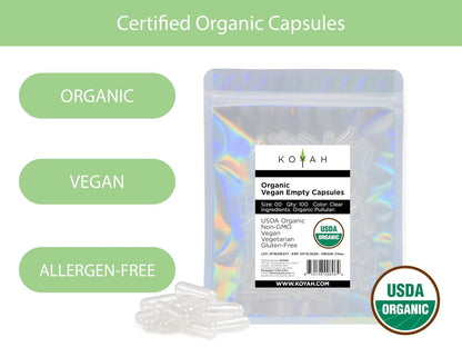 KOYAH - Zertifizierte Bio-Leere Pullulan-Kapseln: Größe 00, Vegan, Glutenfrei, Nicht-GVO, Allergenfrei – Ideal für DIY-Ergänzungen (100 Stück)