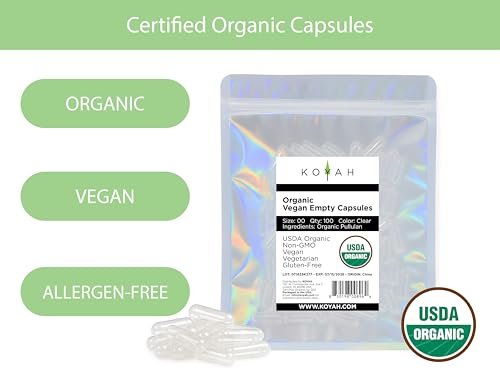 KOYAH - Zertifizierte Bio-Leere Pullulan-Kapseln: Größe 00, Vegan, Glutenfrei, Nicht-GVO, Allergenfrei – Ideal für DIY-Ergänzungen (100 Stück)