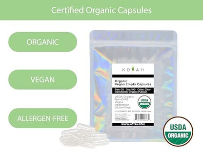 KOYAH - Zertifizierte Bio-Leere Pullulan-Kapseln: Größe 00, Vegan, Glutenfrei, Nicht-GVO, Allergenfrei – Ideal für DIY-Ergänzungen (100 Stück)