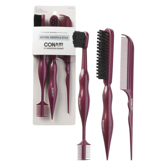 Conair Slick Back Tail Comb Set, 3er-Pack mit Feinzahn-Schwanzkamm, Edge Brush und Glättbürste zum Toupieren, Scheiteln und Glätten von glatten Frisuren, Kontrolle von fliegenden Haaren