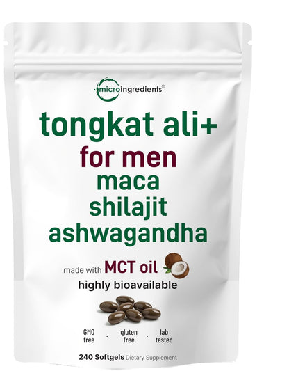 Tongkat Ali+ für Männer mit Maca, Shilajit & Ashwagandha | 240 Weichkapseln mit MCT-Öl für bessere Aufnahme | Höchste Stärke Eurycoma Longifolia Extrakt (Longjack) | Nicht-GVO, Glutenfrei