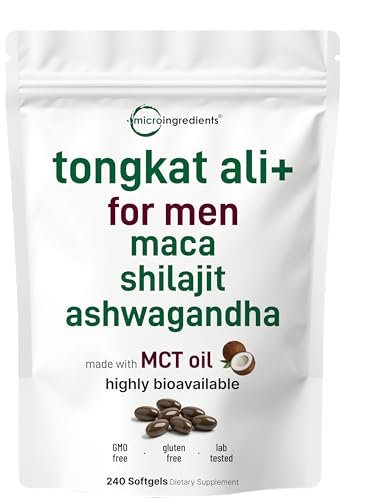 Tongkat Ali+ für Männer mit Maca, Shilajit & Ashwagandha | 240 Weichkapseln mit MCT-Öl für bessere Aufnahme | Höchste Stärke Eurycoma Longifolia Extrakt (Longjack) | Nicht-GVO, Glutenfrei