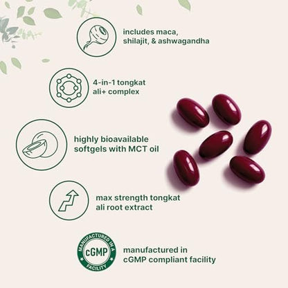 Tongkat Ali+ für Männer mit Maca, Shilajit & Ashwagandha | 240 Weichkapseln mit MCT-Öl für bessere Aufnahme | Höchste Stärke Eurycoma Longifolia Extrakt (Longjack) | Nicht-GVO, Glutenfrei