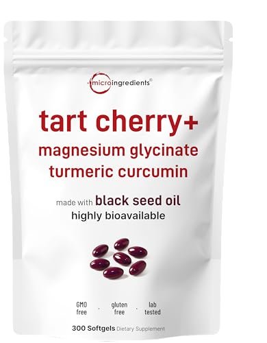 Tart Cherry+ mit Magnesiumglycinat & 95% Kurkuma Curcumin, 300 Softgels | Hoch bioverfügbar mit Schwarzkümmelöl-Träger | Extra starkes Sauerkirsch-Extrakt | Natürlicher Kräuter- und Mineralienkomplex