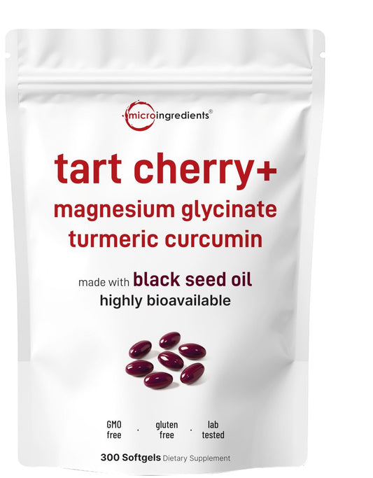 Tart Cherry+ mit Magnesiumglycinat & 95% Kurkuma Curcumin, 300 Softgels | Hoch bioverfügbar mit Schwarzkümmelöl-Träger | Extra starkes Sauerkirsch-Extrakt | Natürlicher Kräuter- und Mineralienkomplex