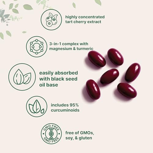 Tart Cherry+ mit Magnesiumglycinat & 95% Kurkuma Curcumin, 300 Softgels | Hoch bioverfügbar mit Schwarzkümmelöl-Träger | Extra starkes Sauerkirsch-Extrakt | Natürlicher Kräuter- und Mineralienkomplex