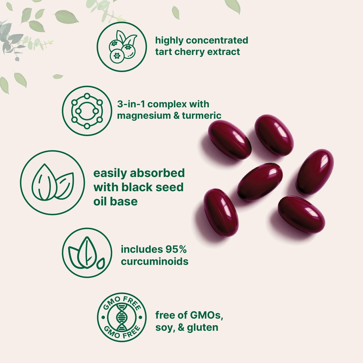 Tart Cherry+ mit Magnesiumglycinat & 95% Kurkuma Curcumin, 300 Softgels | Hoch bioverfügbar mit Schwarzkümmelöl-Träger | Extra starkes Sauerkirsch-Extrakt | Natürlicher Kräuter- und Mineralienkomplex