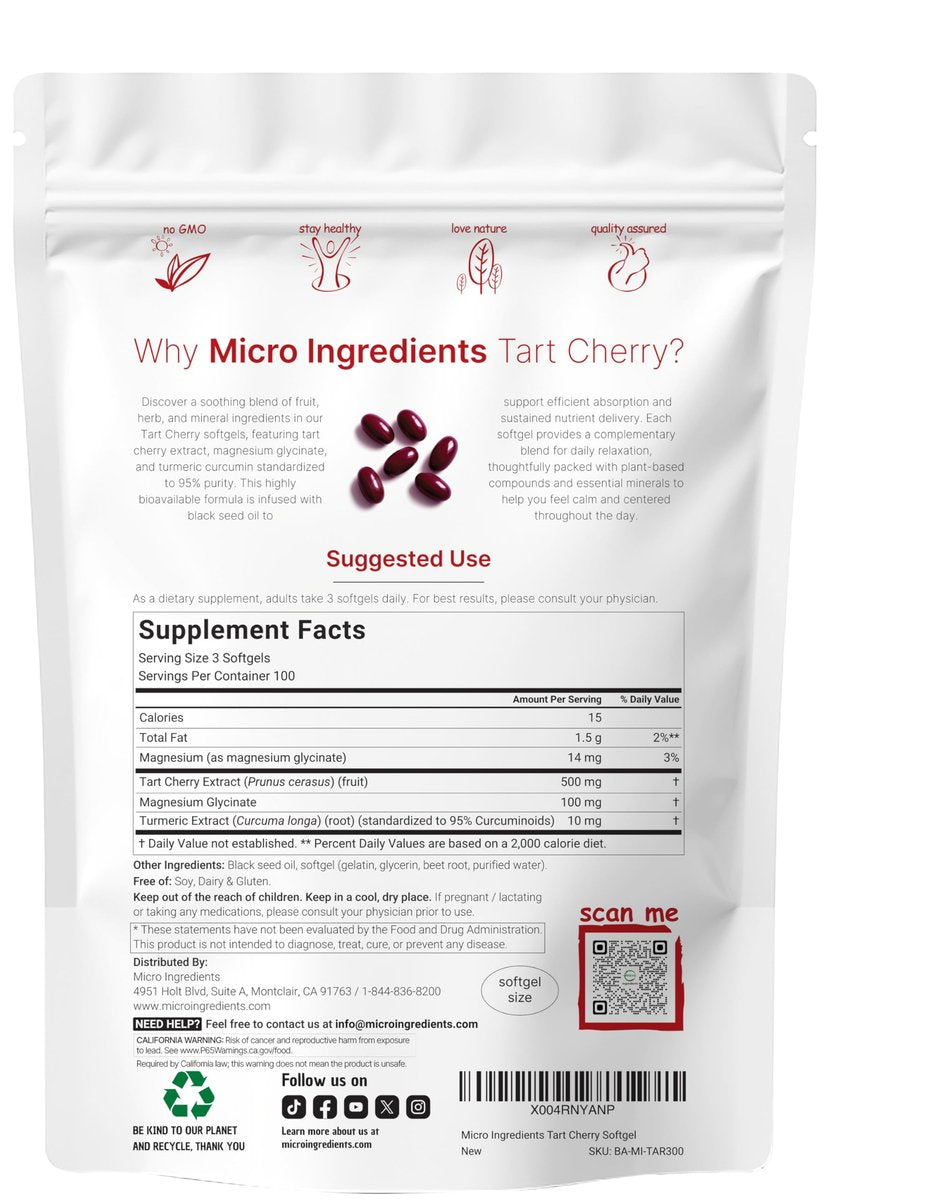 Tart Cherry+ mit Magnesiumglycinat & 95% Kurkuma Curcumin, 300 Softgels | Hoch bioverfügbar mit Schwarzkümmelöl-Träger | Extra starkes Sauerkirsch-Extrakt | Natürlicher Kräuter- und Mineralienkomplex