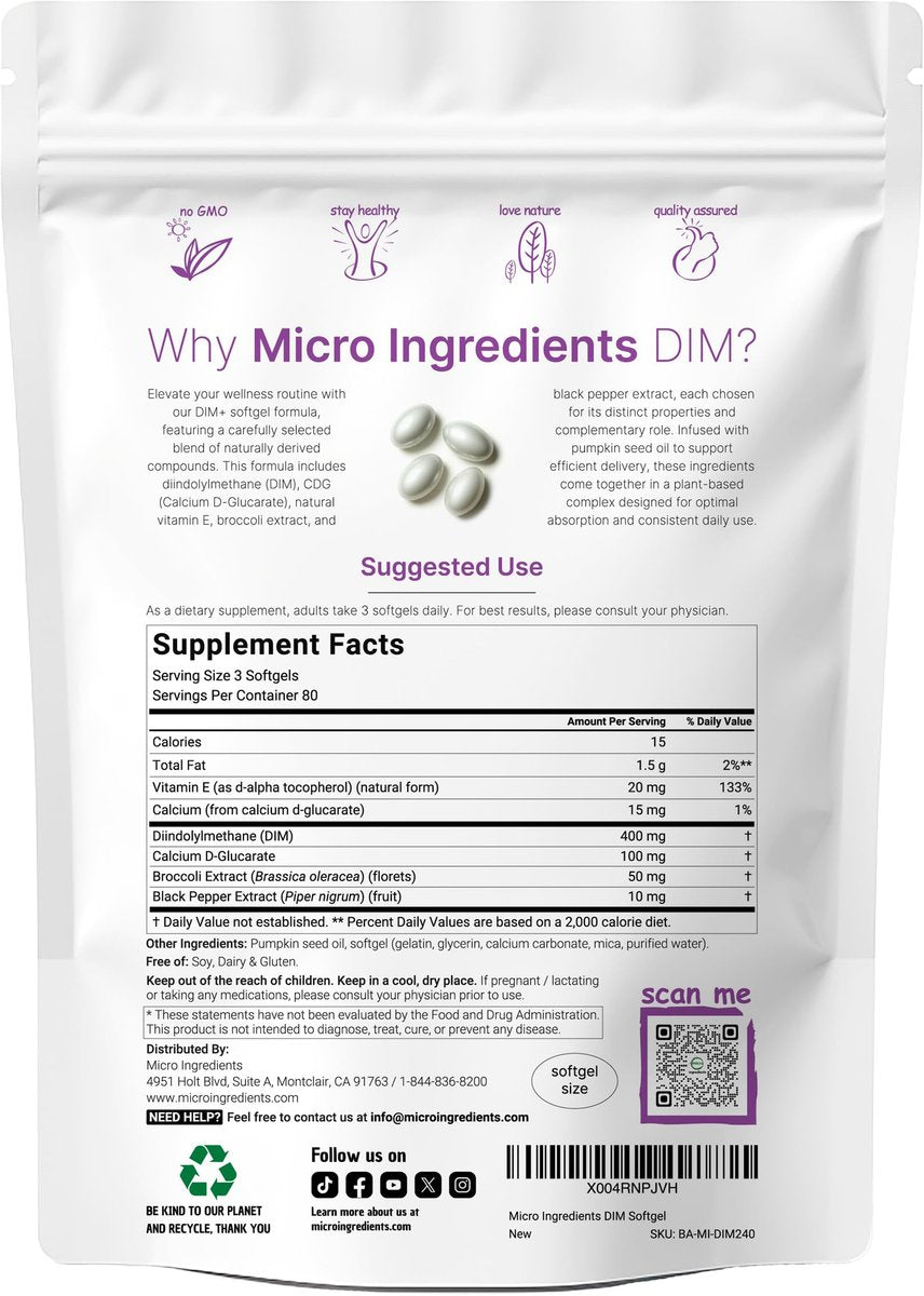 Micro Ingredients DIM+ Komplex 400mg – 240 Softgels mit Kürbiskernöl & 7-in-1 Formel für Männer & Frauen