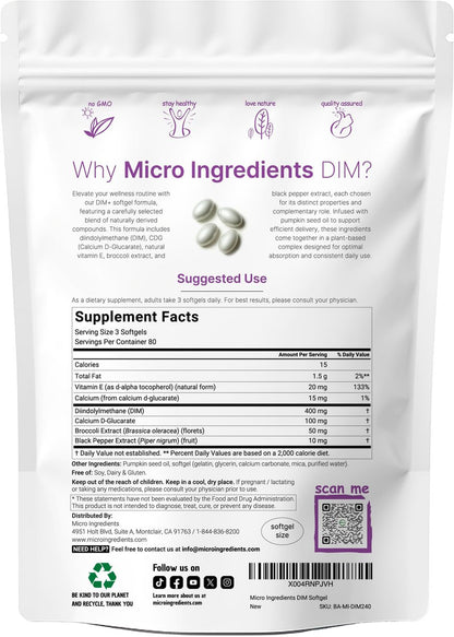 Micro Ingredients DIM+ Komplex 400mg – 240 Softgels mit Kürbiskernöl & 7-in-1 Formel für Männer & Frauen
