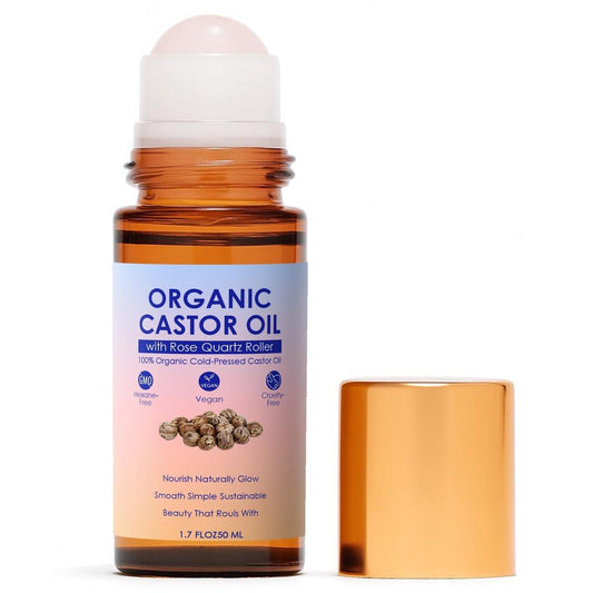 Bio Rizinusöl Rosenquarz Roller Ball - Goldenes Rizinusöl Roll-On mit Rosenquarz, 100% rein, unparfümiert, für strahlende Haut | Tiefenhydratation | Reduziert feine Linien | Üppiges Haar & Entspannung [1,7 oz]