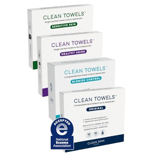 Clean Skin Club Clean Towels® XL Variety 4-Pack Reiseset – Einweg-Gesichtstücher mit Original, Sensitiv, Unreinheiten-Kontrolle & Anti-Aging – 40 Tücher insgesamt, 10 pro Sorte