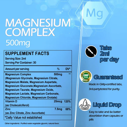 Magnesium 12-in-1 Komplex flüssige Tropfen – Magnesiumpräparat mit Glycinat, Citrat, Malat, Taurat, Oxid, Aspartat, Orotat – Beruhigendes Magnesium für Schlaf, Muskeln, Herz – Maximale Absorption flüssige Formel
