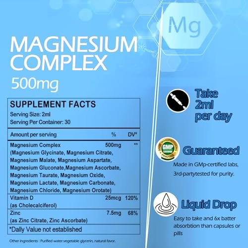 Magnesium 12-in-1 Komplex flüssige Tropfen – Magnesiumpräparat mit Glycinat, Citrat, Malat, Taurat, Oxid, Aspartat, Orotat – Beruhigendes Magnesium für Schlaf, Muskeln, Herz – Maximale Absorption flüssige Formel